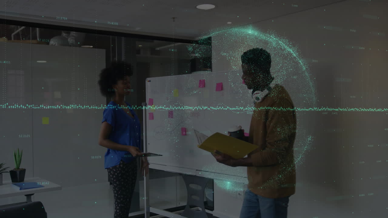 Colleagues presenting business ideas showing animated sticky notes floating near whiteboard