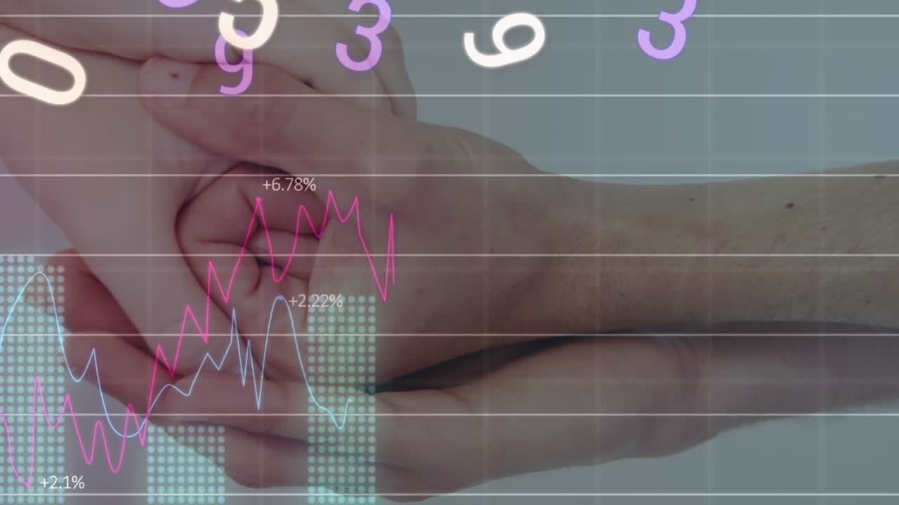 animación de números cambiantes, múltiples gráficos sobre la imagen recortada de una pareja caucásica tomándose de la mano.