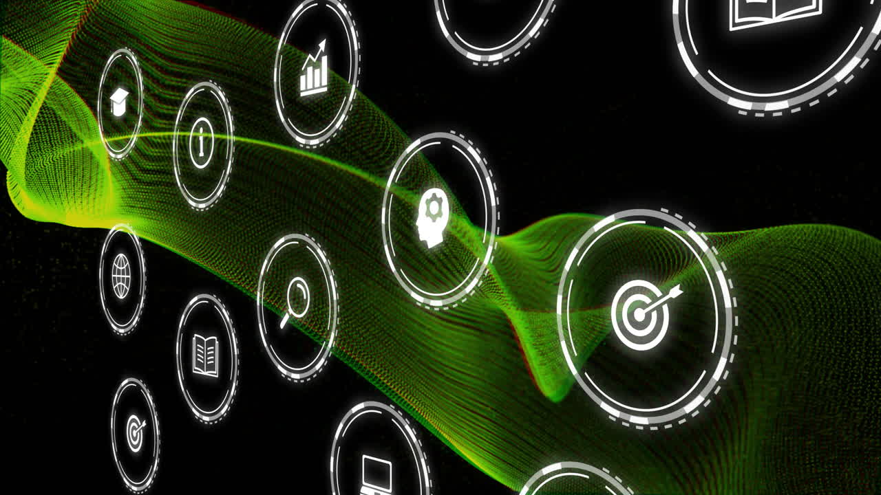 검은색 배경에 아이콘을 가진 네온 연결 네트워크의 애니메이션