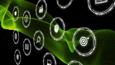 animación de la red de conexiones de neón con iconos en fondo negro