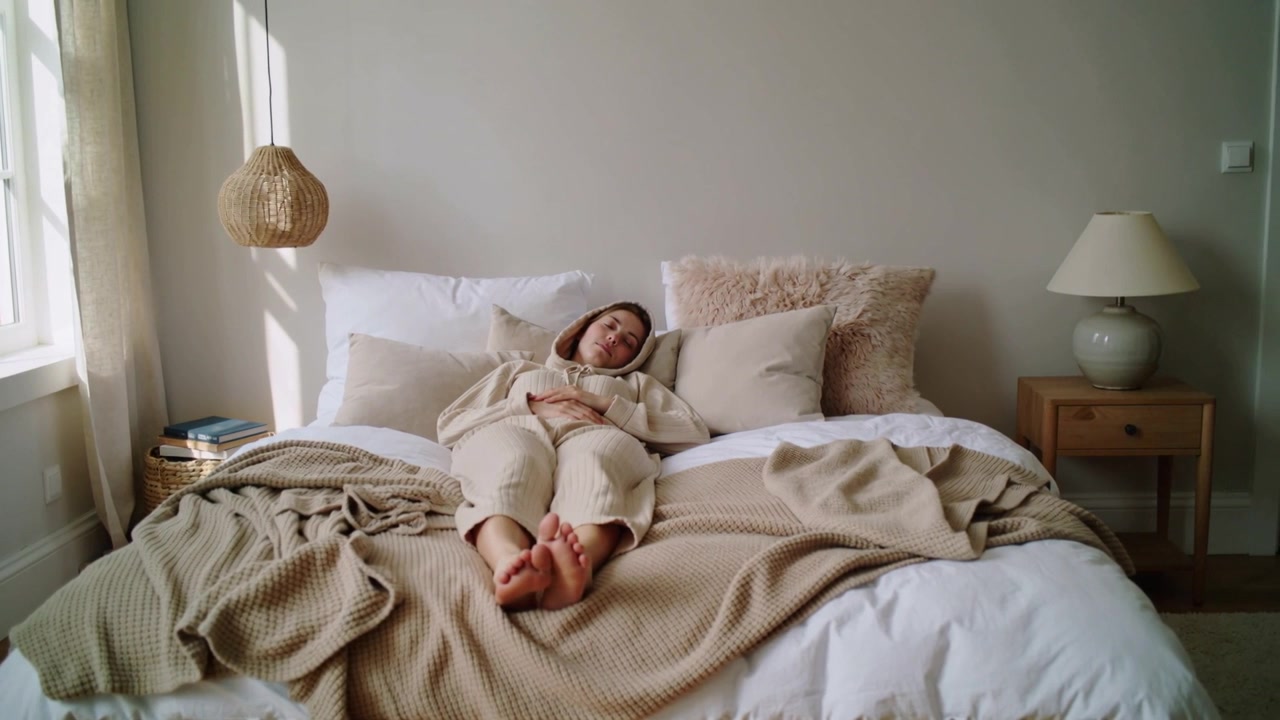 Donna in abbigliamento da casa beige che respira e si muove mentre riposa sul letto, con la luce che si riversa dalla finestra sinistra.