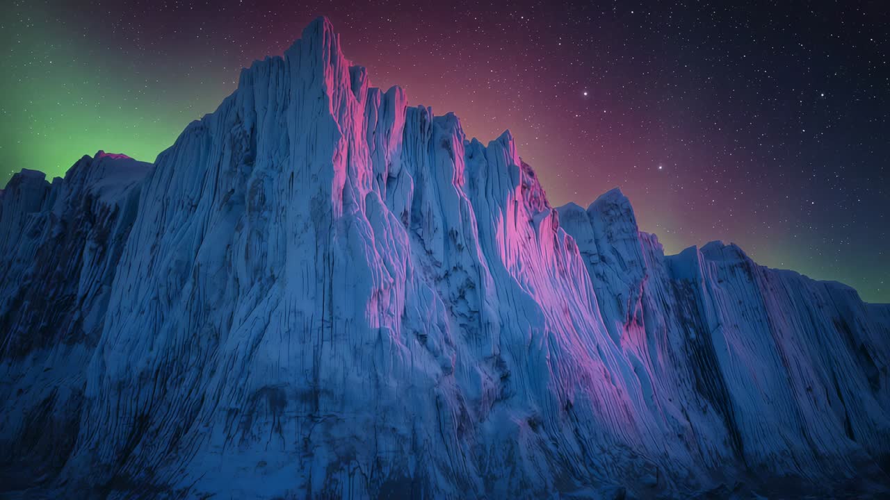 Brightening aurora causing camera moving forward at night, casting magenta on jagged snowice ridge