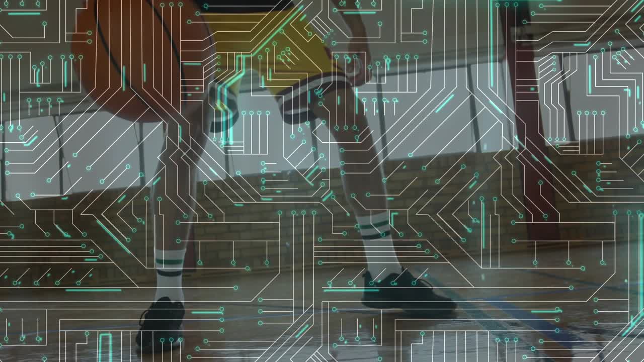 Man practicing sports tapping orange ball on weight shift, circuit overlay obscuring subject