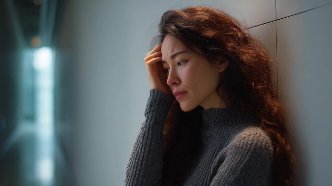 Um Momento Contemplativo: Uma Jovem Mulher Experimentando Reflexão e Emoção, Contra um Fundo Minimalista em um Ambiente Interno Moderno