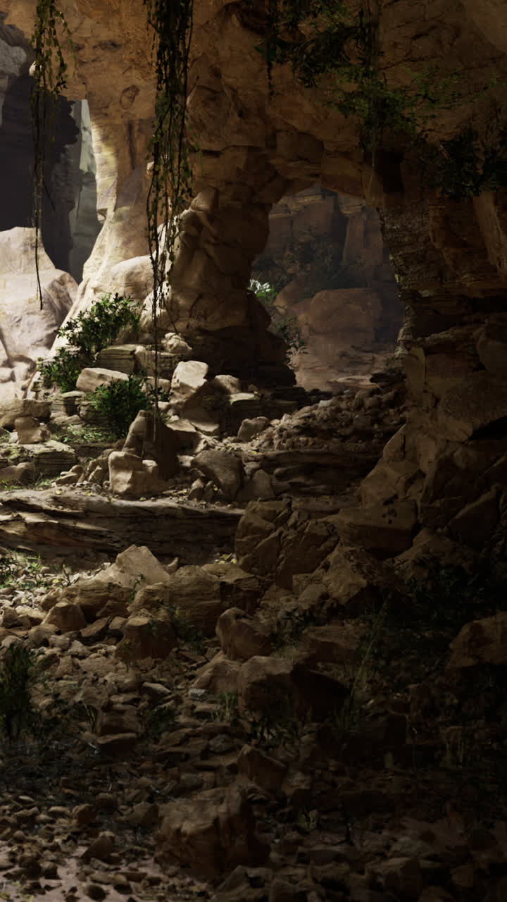 Esplorando una grotta rocciosa con piante rampicanti e vegetazione verde in luce naturale.