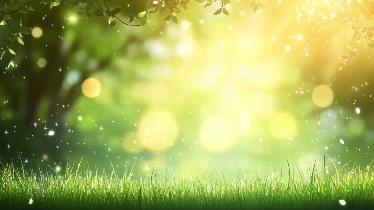 A serene, low-angle view of sunlit grass with bokeh and leaves, perfect for a nature-themed video