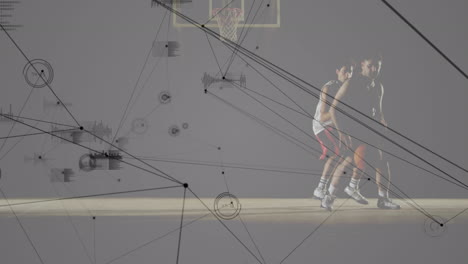 animation of data processing and networks of connections over diverse basketball players at gym