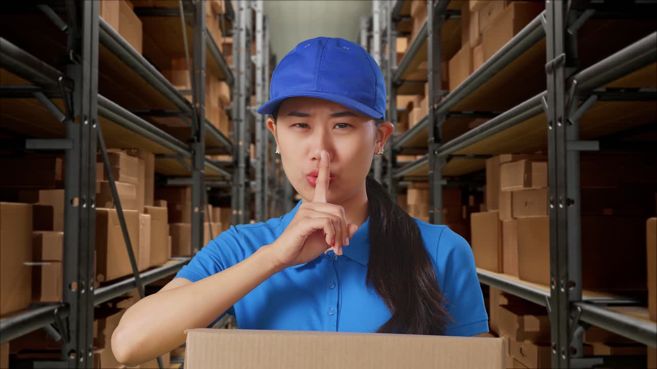 파란 유니폼을 입은 아시아 여성 택배기사의 클로즈업은 침의 몸짓을 보여주고 창고에서 상자를 배달하는 동안 머리를 흔들고 있습니다.