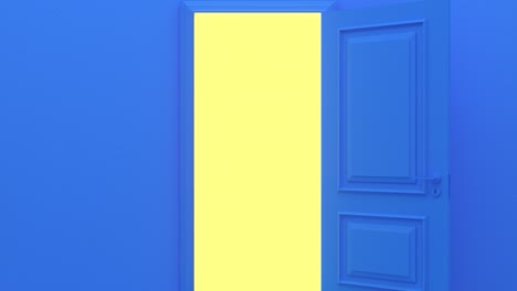 yellow light inside the open door isolated on blue background. blue room, bright light shining behind the opening door, flight forward, entering the doorway. opportunity metaphor. 3d animation 4k