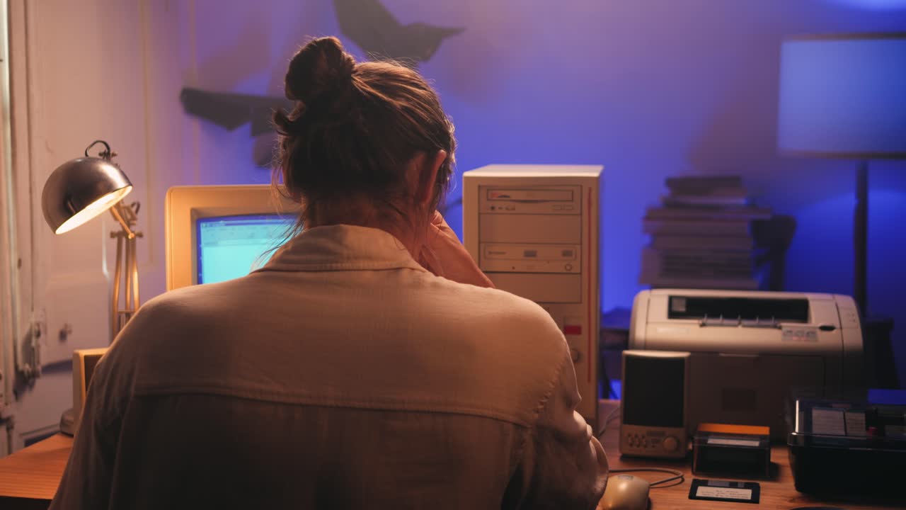 Man working and gaming on retro computer PC, IT engineer with vintage computer at home, using old fashion technology, close up of retro setup.