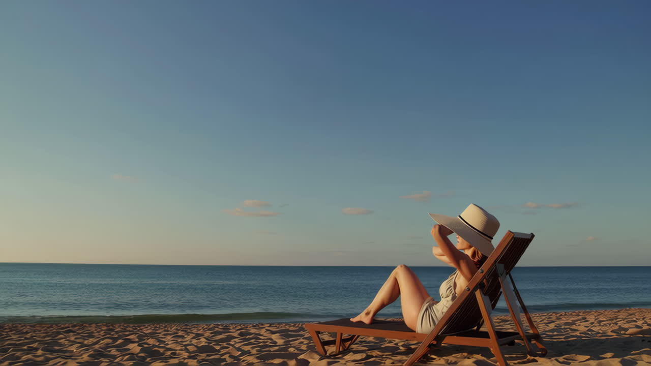 Woman in a Straw Hat Relaxing on a Beach Chair by the Ocean