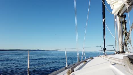 Great-Lakes,-Lake-Michigan-sailboat-on-clear-water-across-lake-or-ocean-no-waves-and-clear-skies