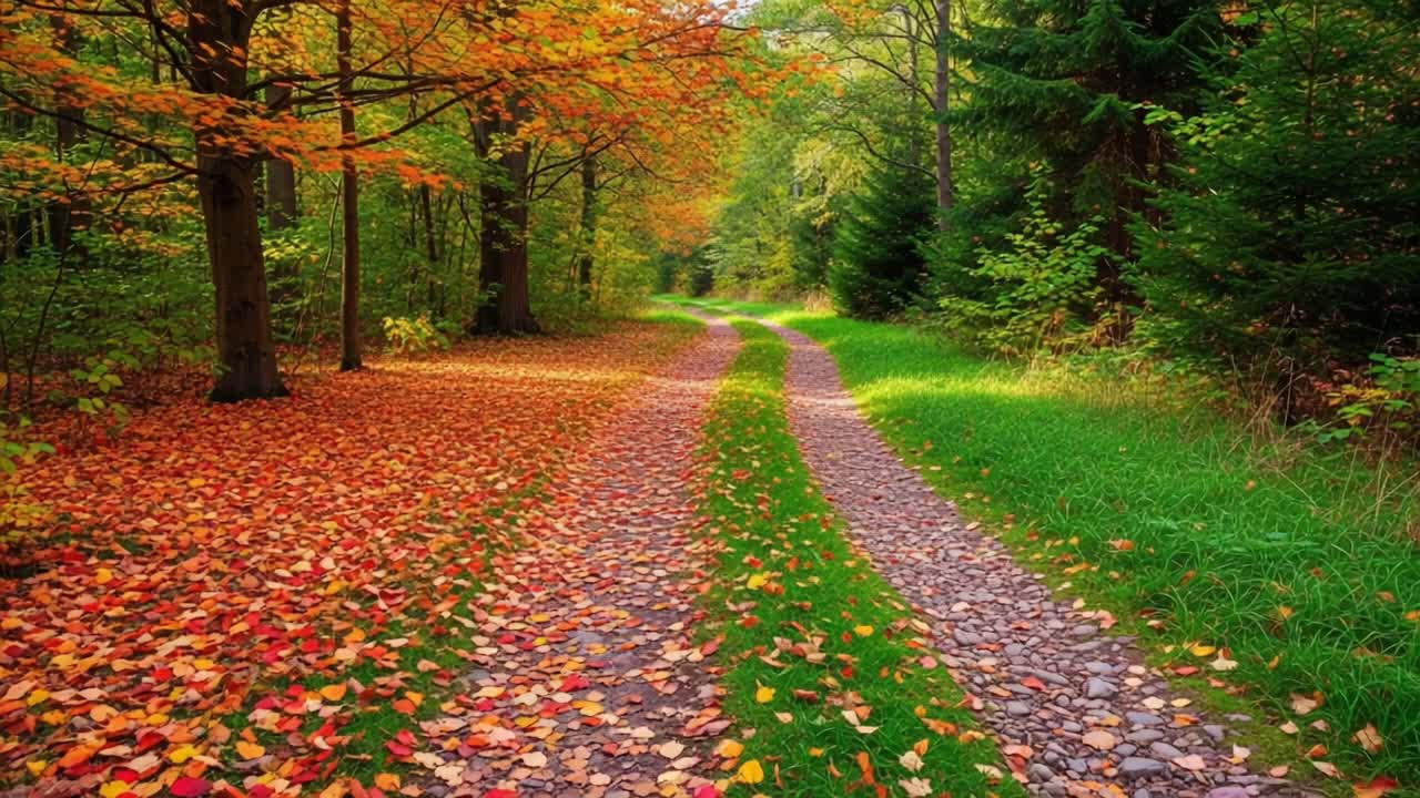 A Serene Autumn Pathway: Vividly Colored Leaves Lining a Tranquil Trail Through a Forest of Vibrant Foliage and Natural Splendor