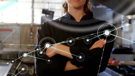 animation of network of connections over caucasian female chef with arms crossed