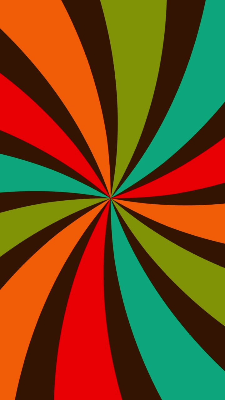 Vertical animation of rotating curved sunburst rays in a retro 70s color palette, creating a hypnotic, vintage background