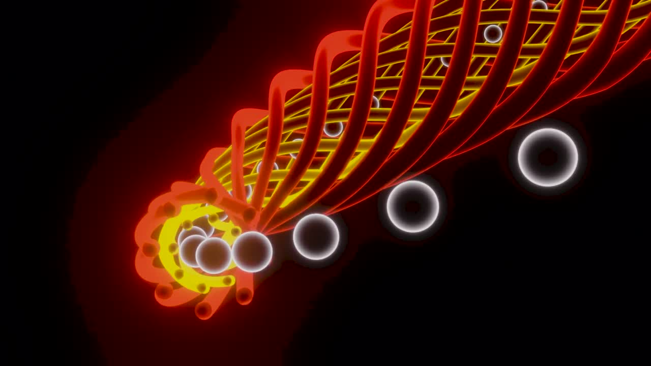 공은 나선형으로 움직이고, 빛나는 공은 네온으로 회전하는 나선형에서 일렬로 움직이고, 3d 공은 회전하는 스피럴로 움직입니다.