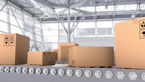 almacén logístico con línea de transporte y transporte de los paquetes de cartón