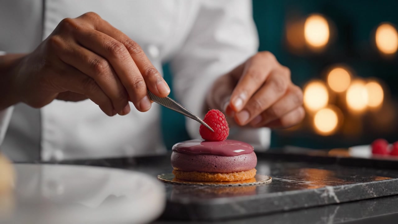 Pasticcere artigianale guarnisce delicatamente un magnifico dessert viola con un lampone fresco, mostrando la bellezza e l'abilità della pasticceria professionale in una cucina elegante.