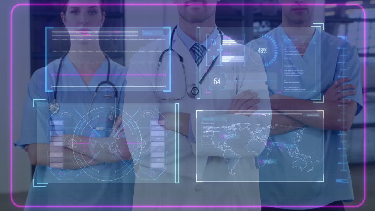 Medical professionals with animation of digital health data in hospital setting