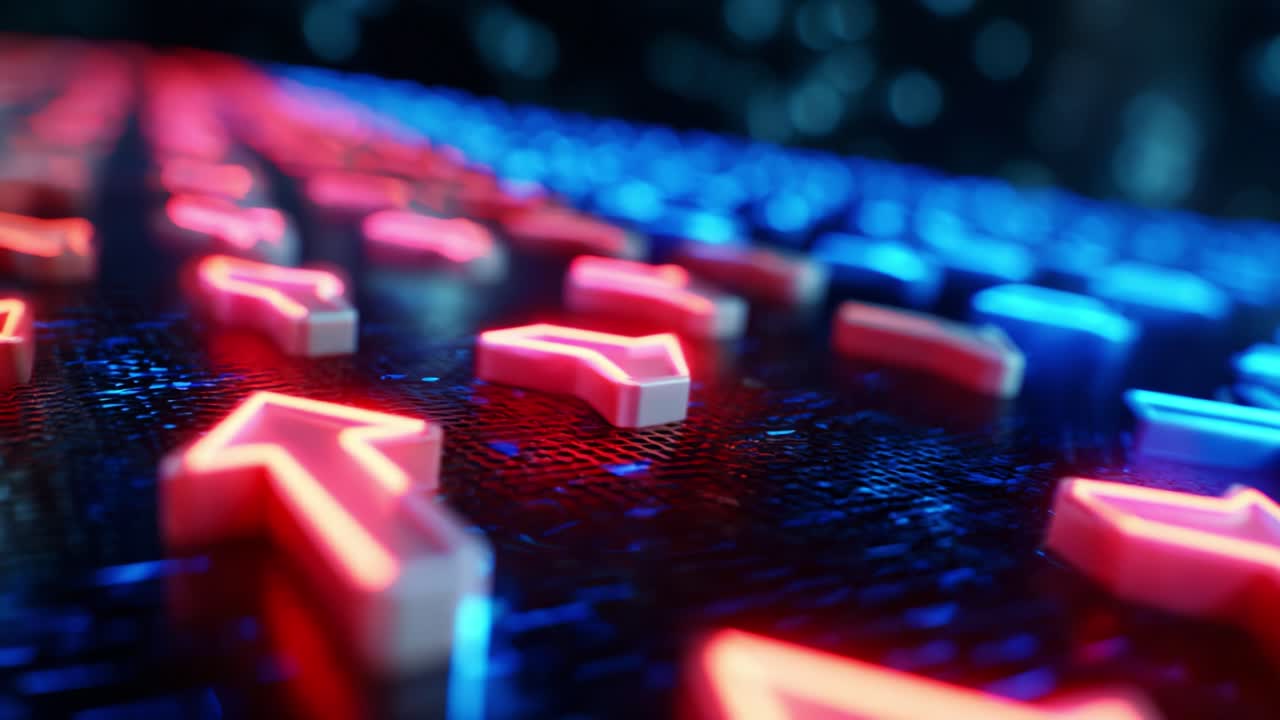 Illuminated Directional Arrows: A Stunning Close-Up of Red and Blue Lights on a Dark Surface, Capturing the Vibrant Contrast and Dynamic Energy of Modern Digital Signage with a Sharp Focus