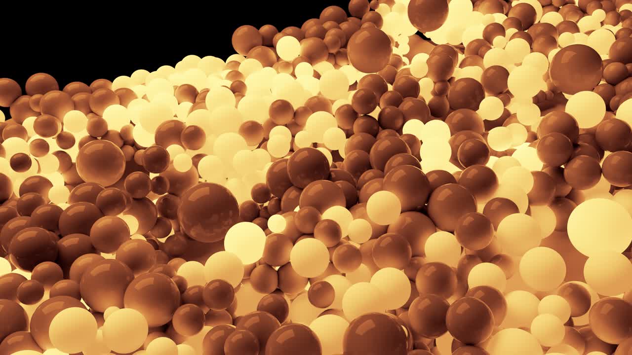 4k 3d 원활한 루프 애니메이션: 아름답고 크고 작은 구 또는 공이 추상적인 간단한 기하학적 배경으로 평면을 고, 일부 구는 빛나고, 세피아와 같은 하나의 색조로 빛납니다.