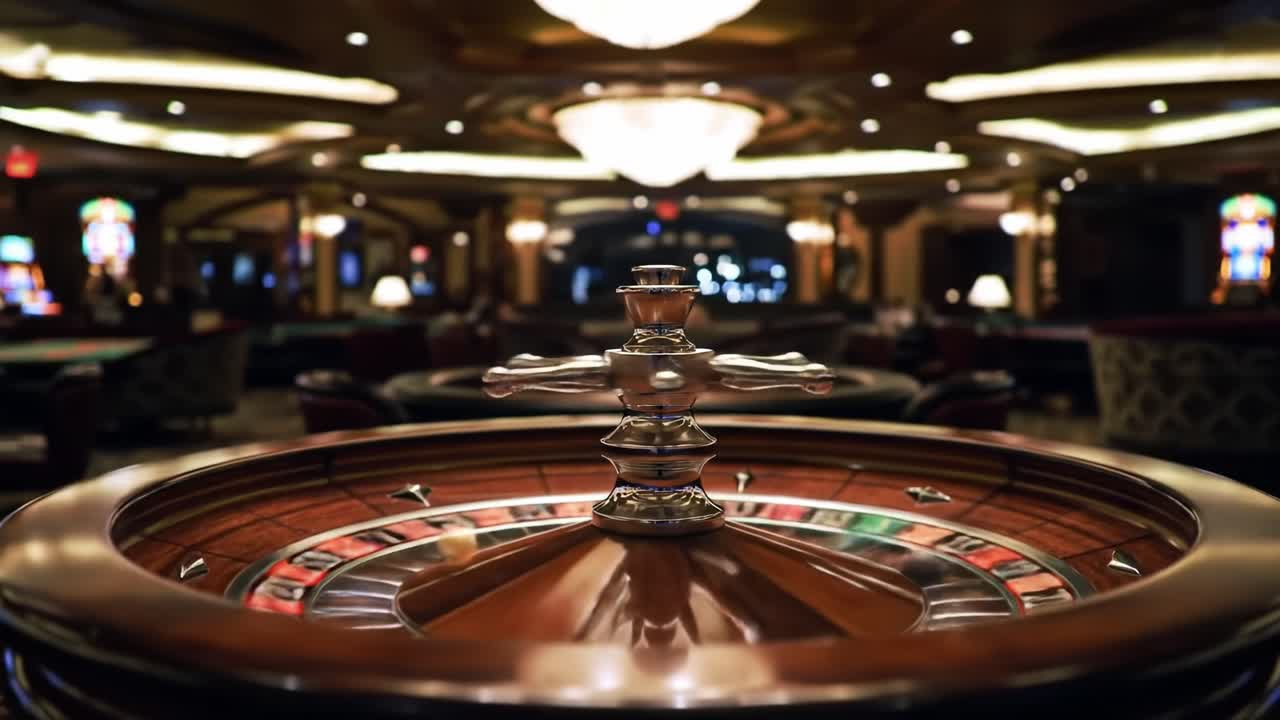 Captivating Roulette Wheel in an Elegant Casino Setting, Showcasing the Thrill of Gambling and the Sophistication of Casino Atmosphere at Night