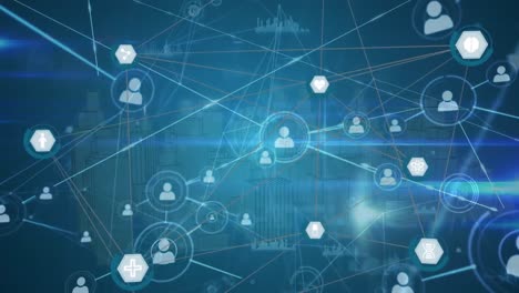 animation of network of profile icons over 3d city model spinning against blue background