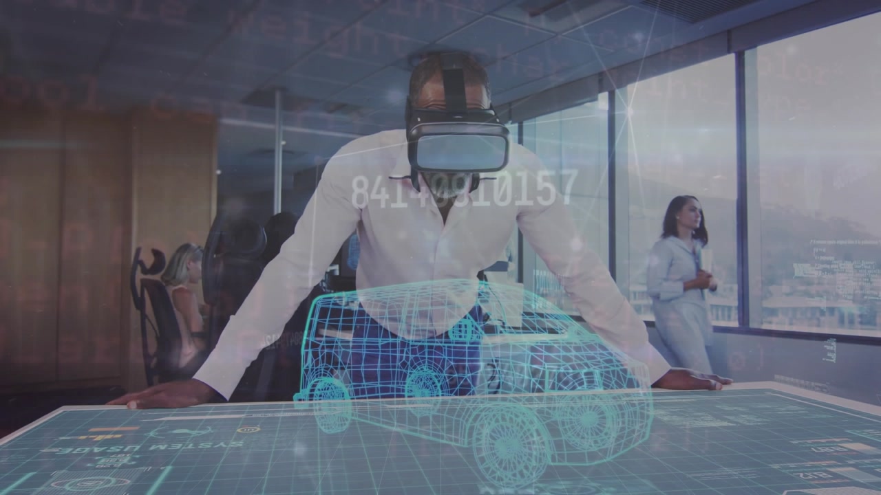 Man in VR Headset Interacting with Holographic Car Model in Office