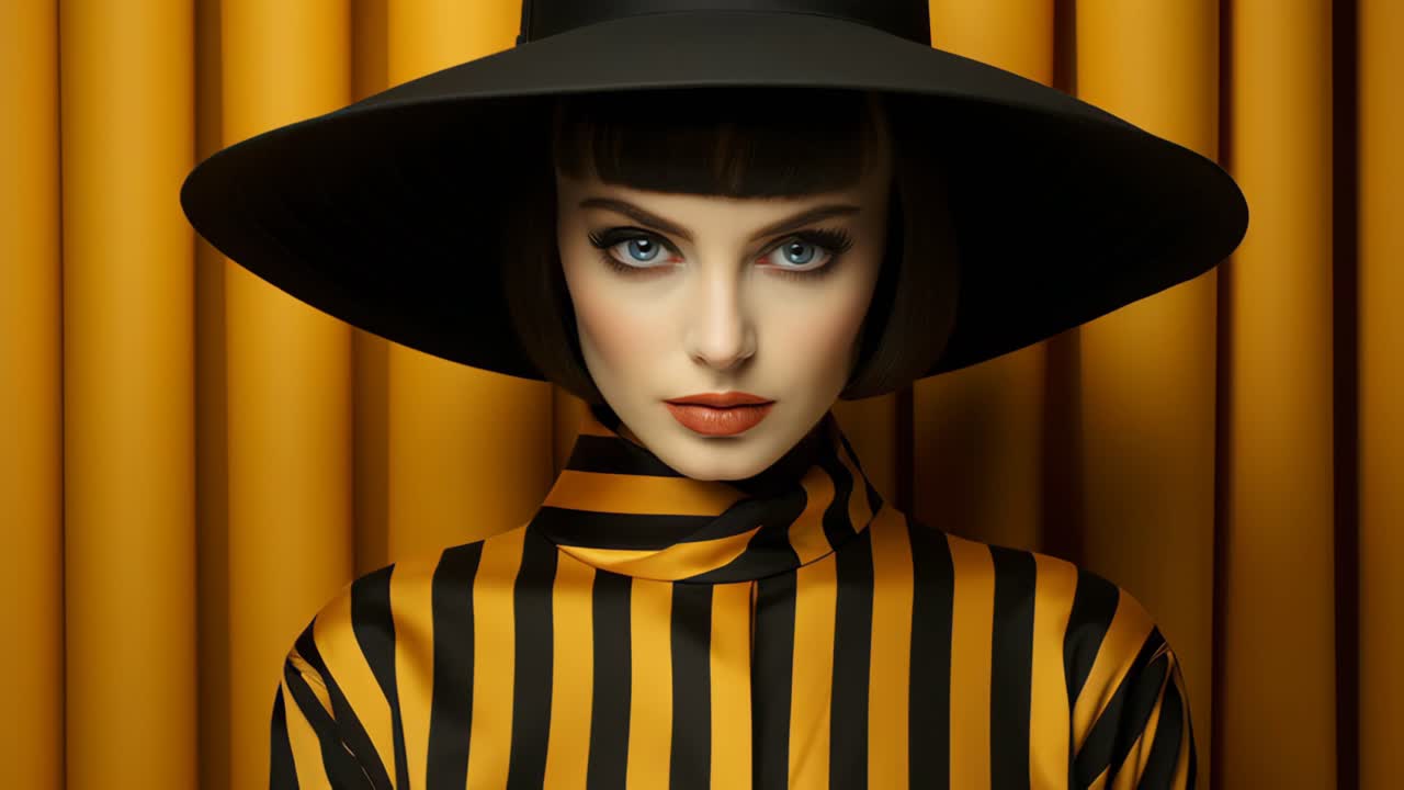 Woman in black hat and striped shirt against yellow curtain