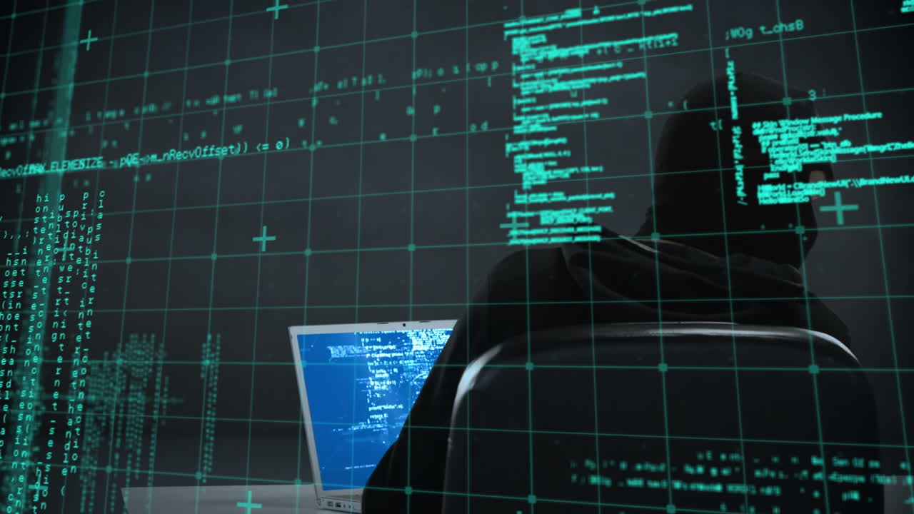 animación del procesamiento de datos sobre un hacker caucásico usando una computadora portátil