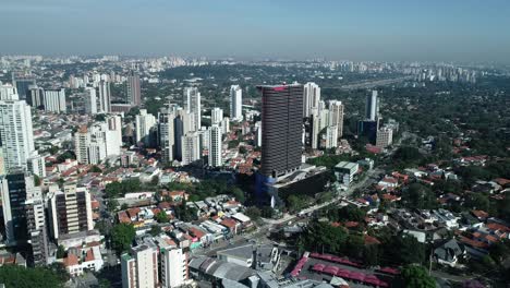 moving forward with drone towards a beautiful commercial building in são paulo, a city full of buildings, empty streets, soft light, work, institutional, daily life, security, integrity