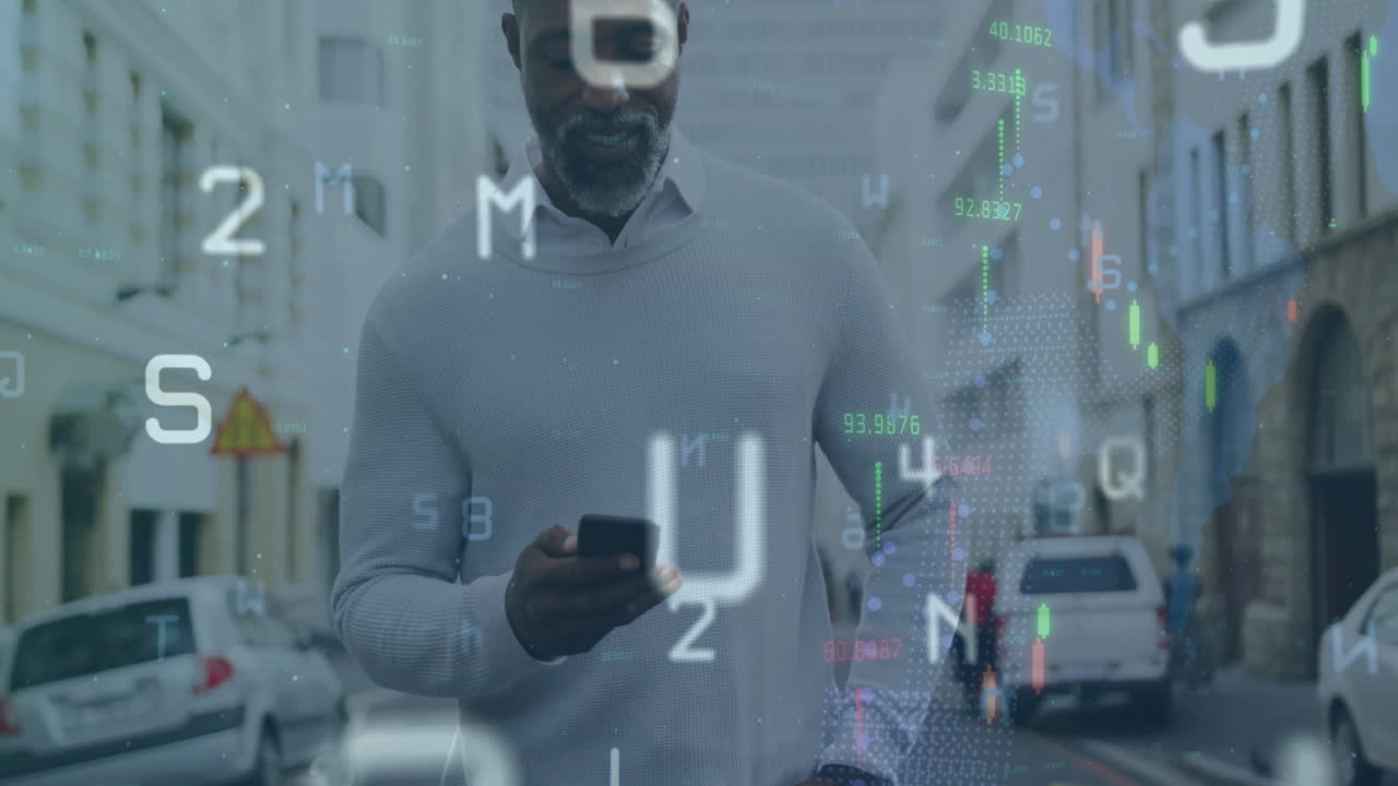 Animation of graphs, changing numbers and letters over african american man using voice assistant