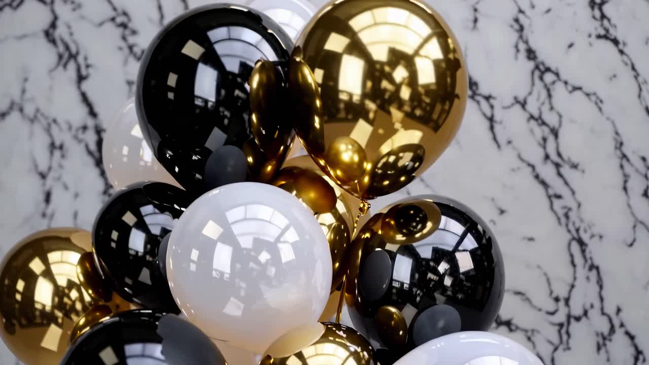 A cluster of black, white, and gold balloons against a marble backdrop, captured from a low angle
