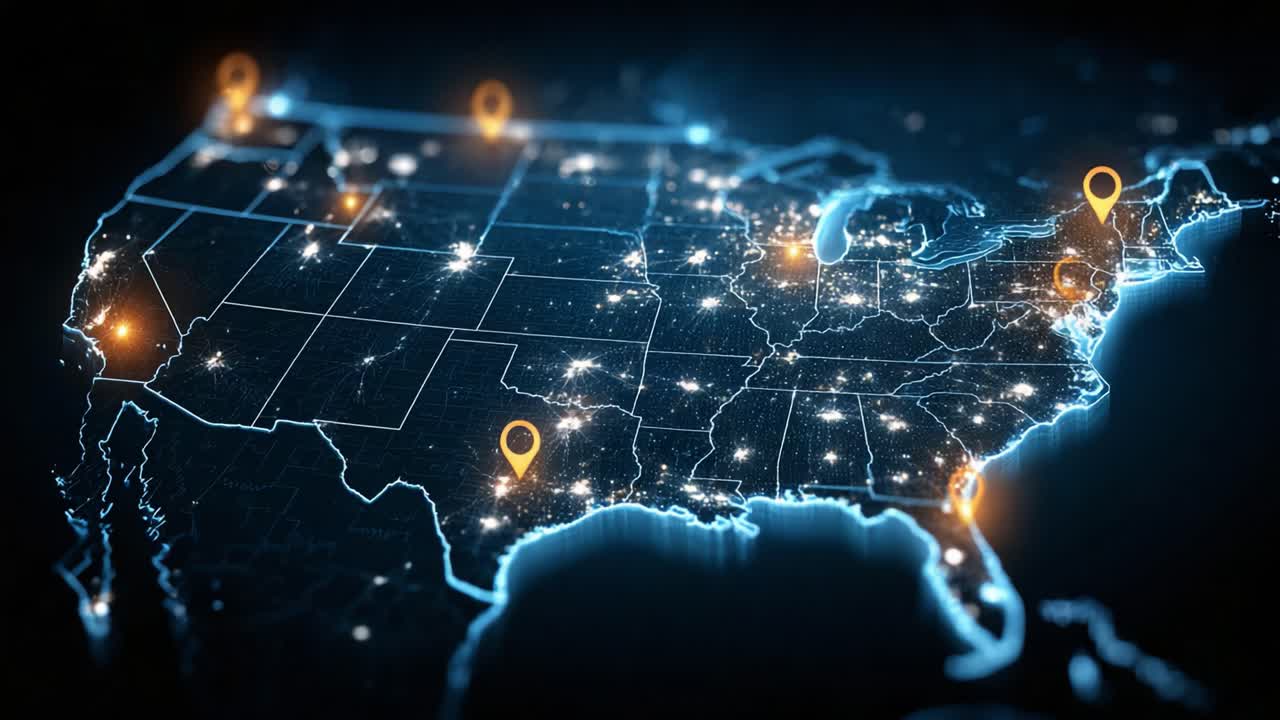 Dynamic Geographic Data Visualization: Illuminated Map Showcasing Connectivity and Location Markers Across the United States from Two Distinct Frames of a Video