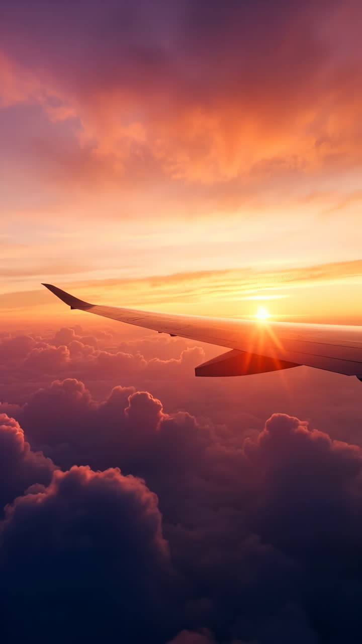 Ala di un aereo sopra le nuvole al tramonto o all'alba
