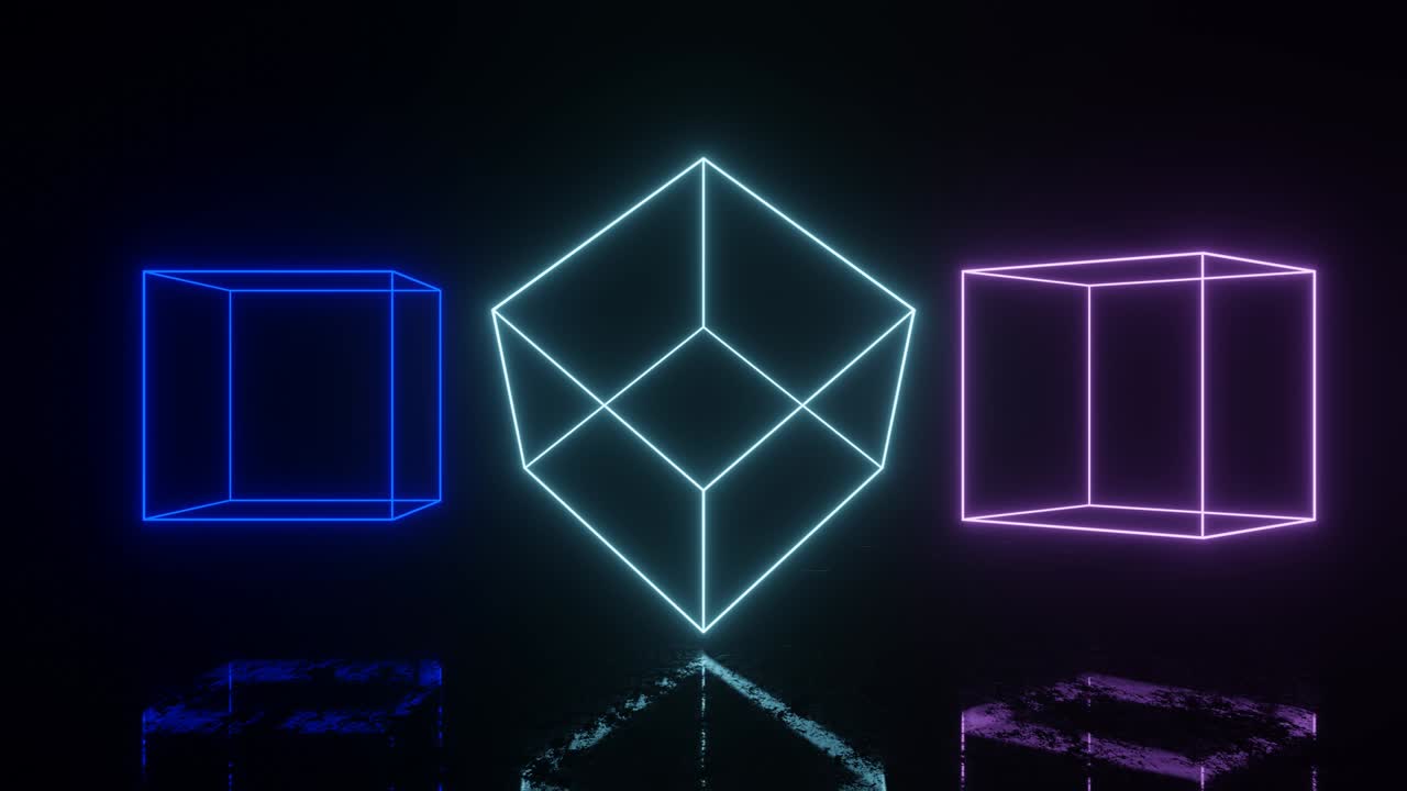 cajas brillantes de neón en un espacio oscuro con reflejos en el suelo. bucle sin costuras animación simple con objetos brillantes de neon