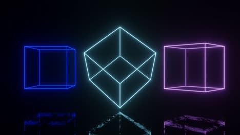 cajas brillantes de neón en un espacio oscuro con reflejos en el suelo. bucle sin costuras animación simple con objetos brillantes de neon