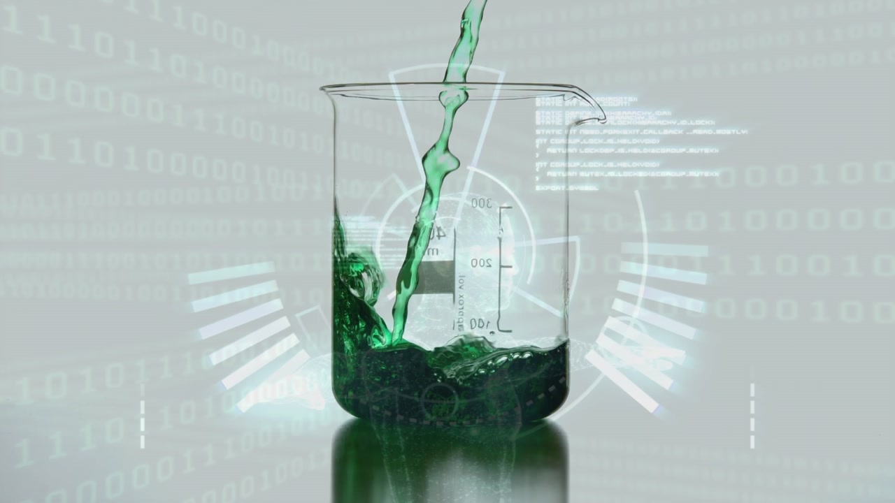 Animation of scope scanning and data processing over beaker with liquid