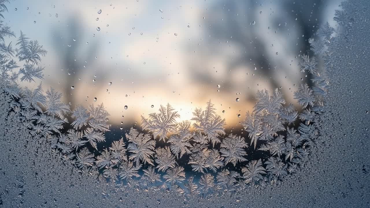 Captivating View Through Frosty Window Panes with Intricate Ice Crystals Framing a Beautiful Winter Sunrise in the Background