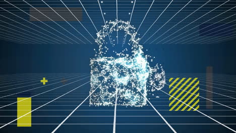 animation of padlock icon and digital data processing over grid