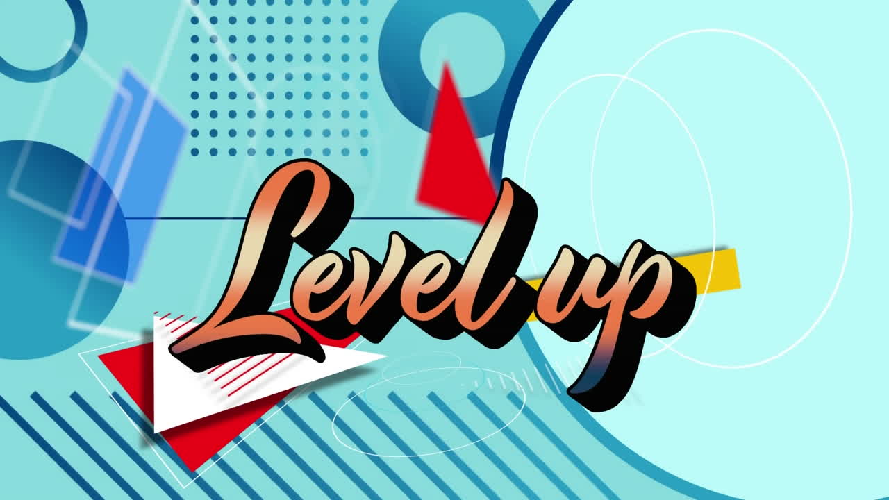 파란색 배경의 기하학적 모양 위에 오렌지색으로 표시된 레벨 업 텍스트의 애니메이션