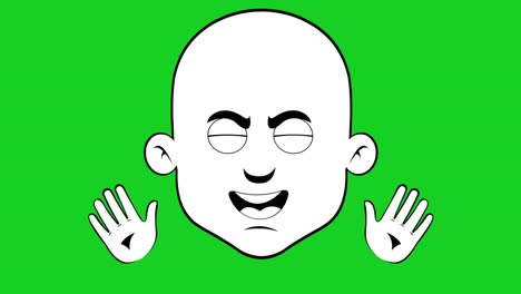 loop animation of the face of a cartoon bald man waving his hands, drawn in black and white