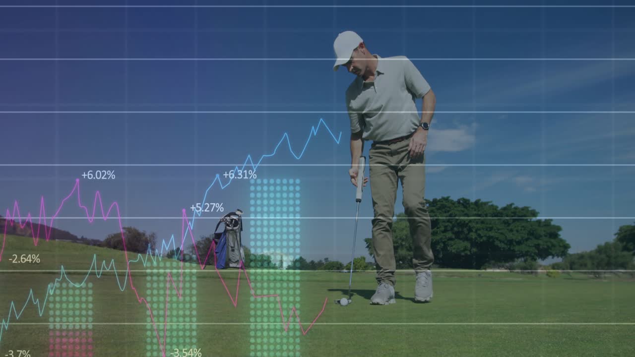 Mature male golfer kneeling putting green examining turf displaying data charts before making putt