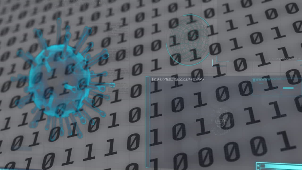 animación del procesamiento de datos y las células del virus sobre un fondo blanco