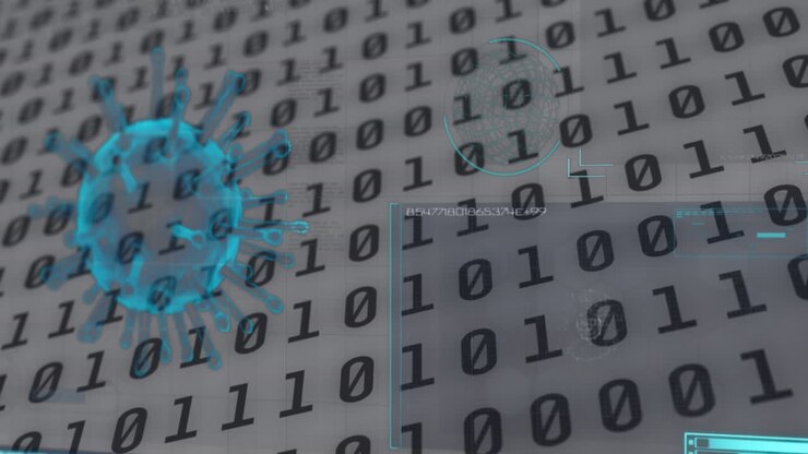 Animation of data processing and virus cells on white background