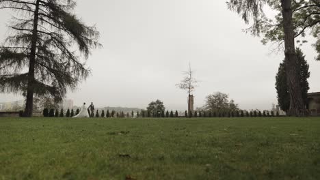 Schöne-Frischvermählte-Kaukasische-Braut-Und-Bräutigam-Spazieren-Im-Park,-Halten-Händchen,-Hochzeitspaar-Familie