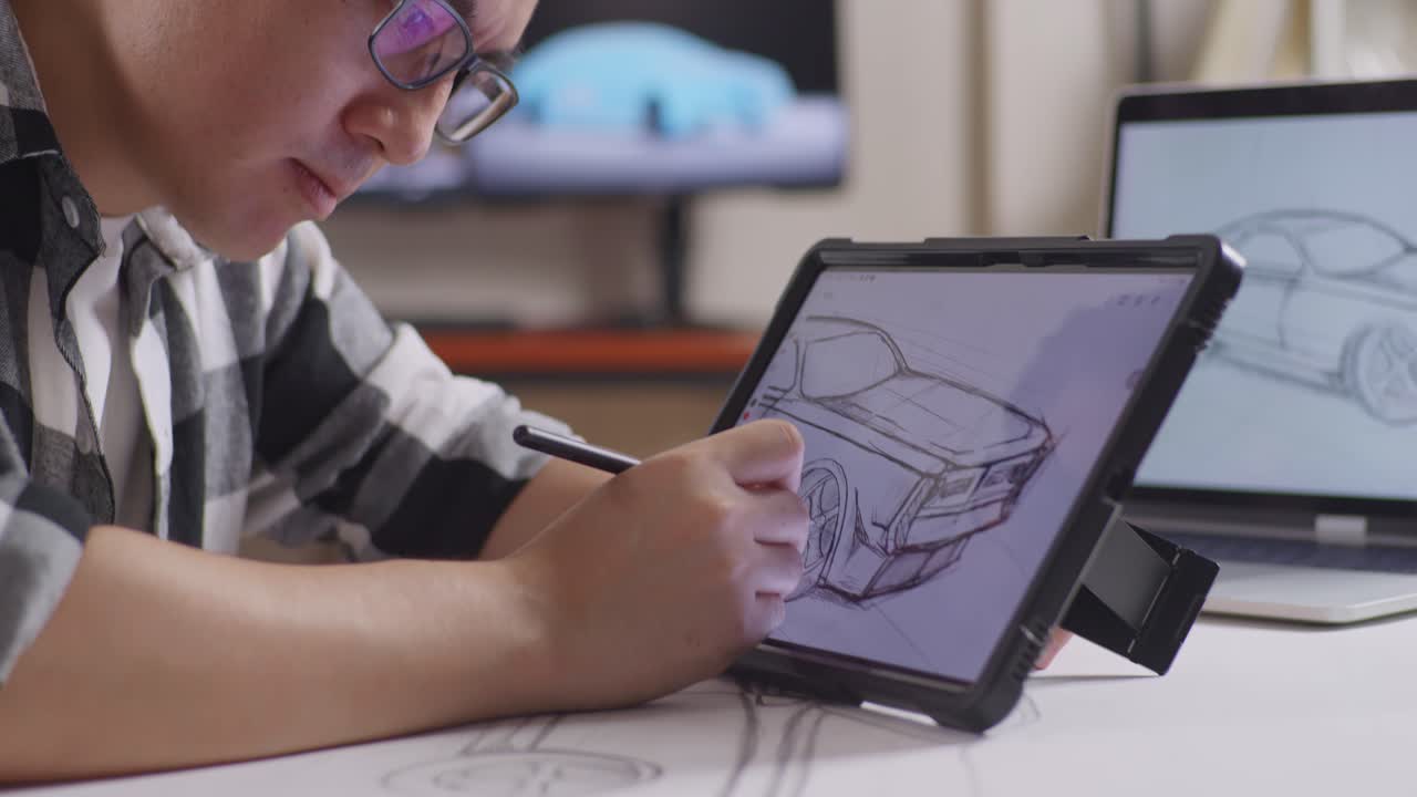 primer plano de un hombre asiático dibujando un nuevo concepto de diseño de coche en una tableta en el estudio con televisión y computadoras muestra modelo de coche eléctrico 3d