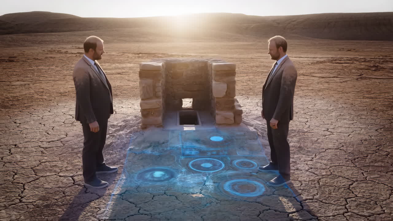 Businessmen interacting with futuristic technology in a desert