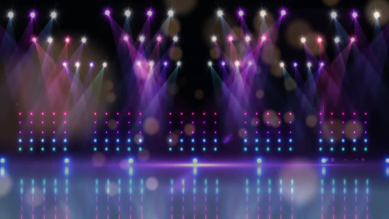 Colorful stage lights and bokeh effects animation over reflective surface