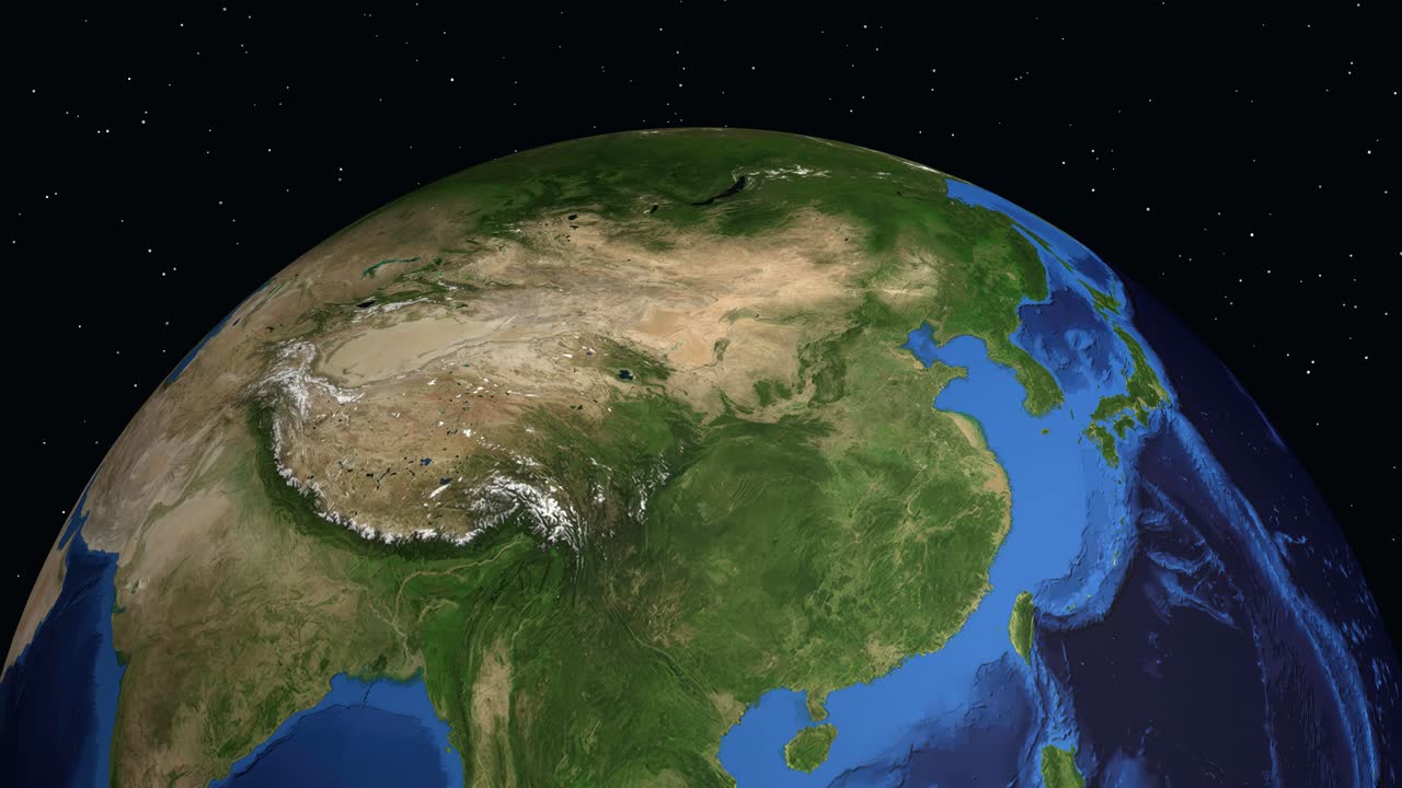 Sebuah globe digital berputar dan memperbesar ke Lanzhou, Tiongkok, menampilkan statistik populasi dan lokasi.